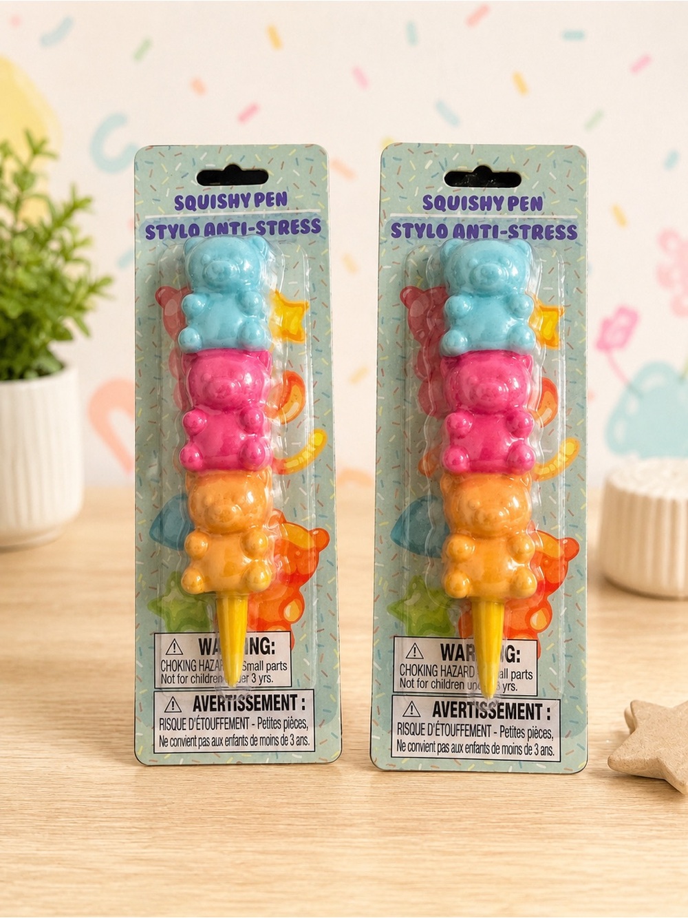 Colorful Bear Stack Squishy Pen - Blue Pink Orange